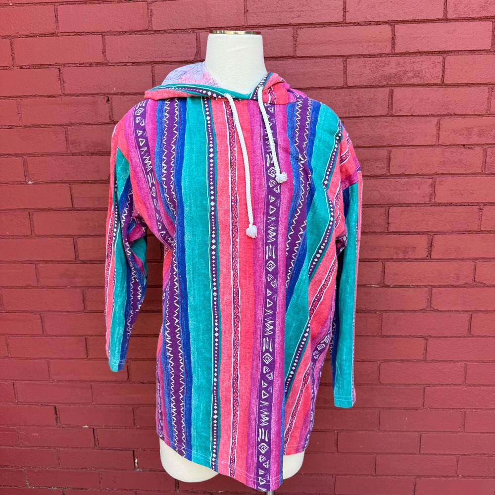 Vintage 90s simply Basic Baja Hoodie Size Large Multicolored Striped Tribal USA